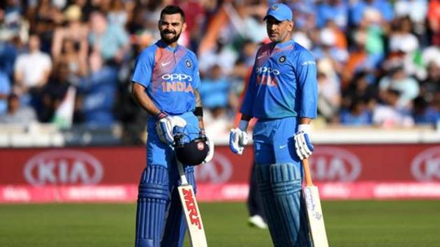 CARDIFF, WALES - JULY 06: MS Dhoni and Virat Kohli of India during the 2nd Vitality International T20 match between England and India at SWALEC Stadium on July 6, 2018 in Cardiff, Wales. (Photo by Gareth Copley/Getty Images) (Getty Images) CARDIFF, WALES - JULY 06: MS Dhoni and Virat Kohli of India during the 2nd Vitality International T20 match between England and India at SWALEC Stadium on July 6, 2018 in Cardiff, Wales. (Photo by Gareth Copley/Getty Images) (Getty Images)