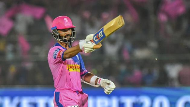 Jaipur: Rajsthan Royals batsman Ajinkya Rahane celebrates his century during the Indian Premier League 2019 cricket match against Delhi Capitals at Sawai Mansingh Stadium in Jaipur, Monday, April 22 2019(PTI)