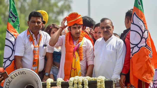 Former cricketer and BJP candidate from East Delhi Gautam Gambhir during a roadshow to file his nomination papers for the Lok Sabha elections, in New Delhi.(PTIv Photo)