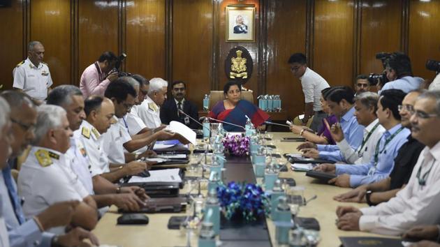 Defence Minister Nirmala Sitharaman during the Naval Commanders Conference, in New Delhi. She interacted with the officers to discuss the security challenges faced by the country. “A strong navy remains a necessary guarantor of India’s security and prosperity,” said the Defence Minister. (Kamal Singh / PTI) Defence Minister Nirmala Sitharaman during the Naval Commanders Conference, in New Delhi. She interacted with the officers to discuss the security challenges faced by the country. “A strong navy remains a necessary guarantor of India’s security and prosperity,” said the Defence Minister. (Kamal Singh / PTI)