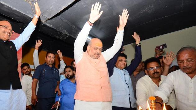 BJP chief Amit Shah after inaugurating party’s central election office in Varanasi on Tuesday evening (HT) BJP chief Amit Shah after inaugurating party’s central election office in Varanasi on Tuesday evening (HT)