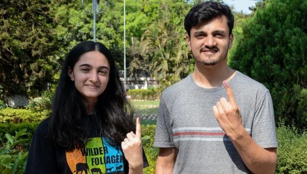 From left: Siblings Shruti and Chaitanya Bhagwat, first time voters at Government ITI, Aundh (Milind Saurkar/HT Photo) 