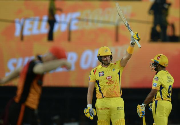 Chennai Super Kings cricketer Shane Watson (C) celebrates after scoring a fifty during the 2019 Indian Premier League (IPL) Twenty20 cricket match between Chennai Super Kings and Sunrisers Hyderabad at the M.A. Chidhambaram Stadium in Chennai. (AFP)