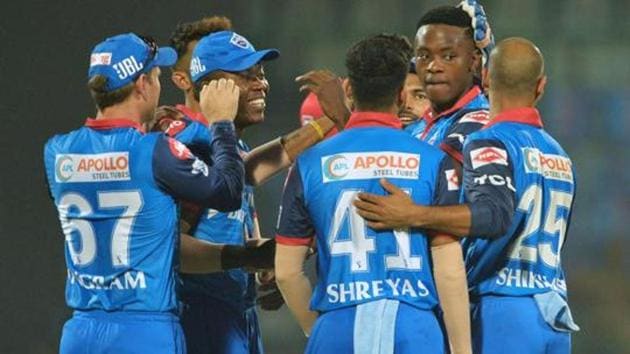 Delhi Capitals bowler Kagiso Rabada (2R) celebrates with his teammates after he dismissed Kings XI Punjab cricketer Mayank Agarwal during the 2019 Indian Premier League (IPL) Twenty20 cricket match between Delhi Capitals and Kings XI Punjab at the Feroz Shah Kotla cricket stadium in New Delhi on April 20, 2019.(AFP)