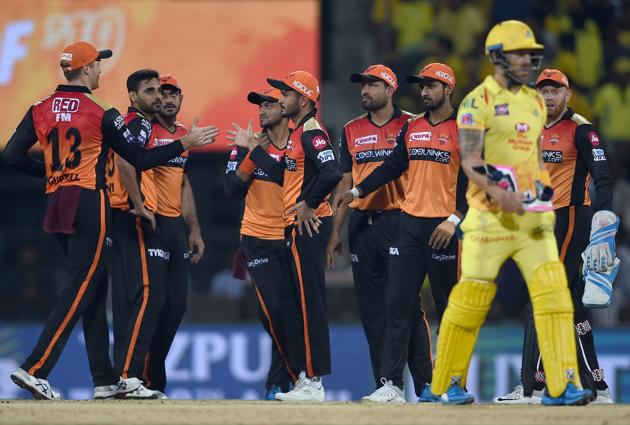 Chennai: SRH players celebrate the dismissal of CSK batsman Faf du Plessis during the Indian Premier League 2019 (IPL T20) cricket match between Chennai Super Kings (CSK) and Sunrisers Hyderabad (SRH) at MAC Stadium in Chennai. (PTI)