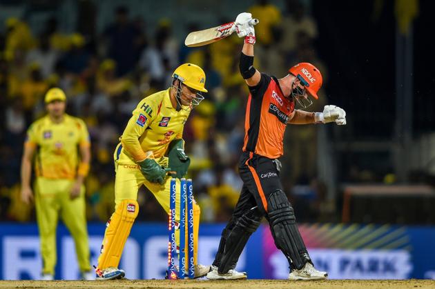 Chennai: SRH batsman David Warner reacts after being stumped out by CSK skipper-wicketkeeper MS Dhoni during the Indian Premier League 2019 (IPL T20) cricket match between Chennai Super Kings (CSK) and Sunrisers Hyderabad (SH), at MAC Stadium in Chennai. (PTI)
