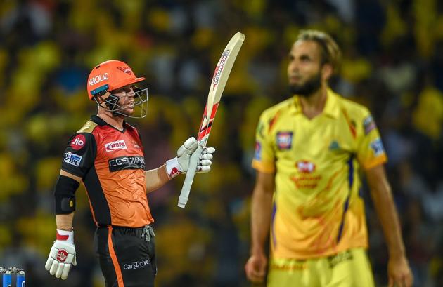 Chennai: SRH player David Warner celebrates his half century during the Indian Premier League 2019 (IPL T20) cricket match between Chennai Super Kings (CSK) and Sunrisers Hyderabad (SH) at MAC Stadium in Chennai. (PTI)
