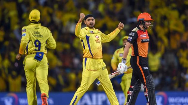 Chennai: CSK bowler Harbhajan Singh celebrates the dismissal of SRH batsman Jonny Bairstow during the Indian Premier League 2019 (IPL T20) cricket match between Chennai Super Kings (CSK) and Sunrisers Hyderabad (SH) at MAC Stadium in Chennai, Tuesday, April 23, 2019 (PTI) Chennai: CSK bowler Harbhajan Singh celebrates the dismissal of SRH batsman Jonny Bairstow during the Indian Premier League 2019 (IPL T20) cricket match between Chennai Super Kings (CSK) and Sunrisers Hyderabad (SH) at MAC Stadium in Chennai, Tuesday, April 23, 2019 (PTI)