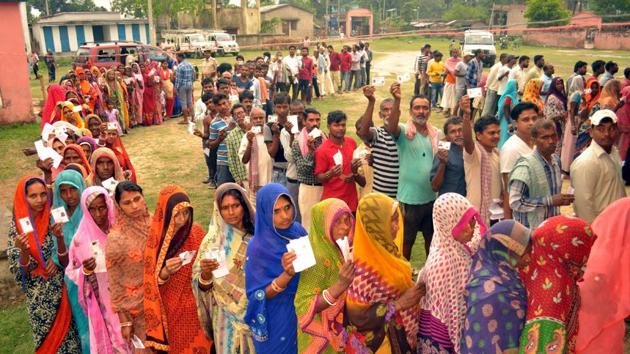 People in a long queue at one of the booths during polling at Jhanjharpur Bihar India on Tuesday April 23,2019 (HT) People in a long queue at one of the booths during polling at Jhanjharpur Bihar India on Tuesday April 23,2019 (HT)