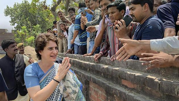 Congress General Secretary Priyanka Gandhi Vadra meets her supporters during an election campaign for Lok Sabha elections in Fatehpur. Gandhi asked voters not to allow a person who speaks “lies and does not work for you” to succeed. “Change politics not only of your area or for your needs, but for your future generations and to save the country, as the country is in danger,” she said. (PTI)