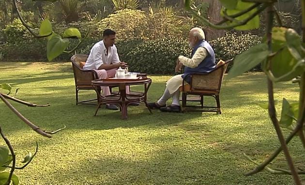 Prime Minister Narendra Modi during an interaction with Bollywood actor Akshay Kumar in New Delhi.(ANI)