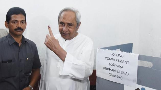 Biju Janata Dal (BJD) president and Odisha Chief Minister Naveen Patnaik shows his finger marked with indelible ink after casting his vote during the third phase of the Lok Sabha elections, in Bhubaneswar on Tuesday. (Arabinda Mahapatra/HT PHOTO) Biju Janata Dal (BJD) president and Odisha Chief Minister Naveen Patnaik shows his finger marked with indelible ink after casting his vote during the third phase of the Lok Sabha elections, in Bhubaneswar on Tuesday. (Arabinda Mahapatra/HT PHOTO)