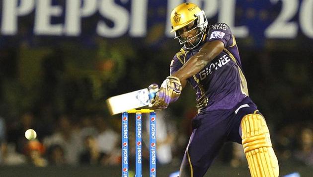 Kolkata Knight Riders' (KKR's) Andre Russell plays a shot against Rajasthan Royals (RR) during the IPL 2015 match between the two sides in Mumbai on May 16. (Pratham Gokhale/HT Photo)(HT Photo)