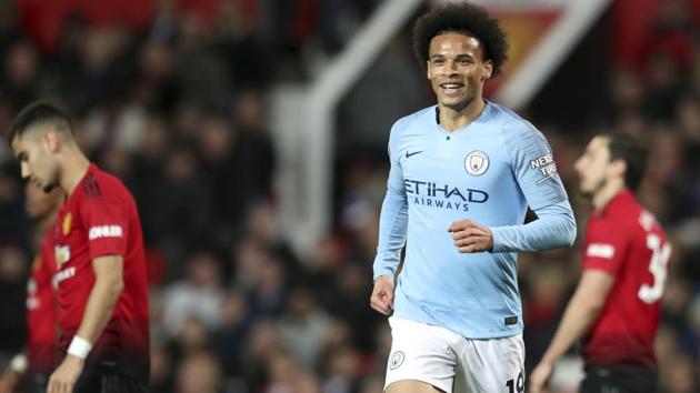 Manchester City's Leroy Sane celebrates after scoring his side's second goal during the English Premier League soccer match between Manchester United and Manchester City at Old Trafford Stadium in Manchester, England, Wednesday April 24, 2019. (AP Photo/Jon Super)(AP)