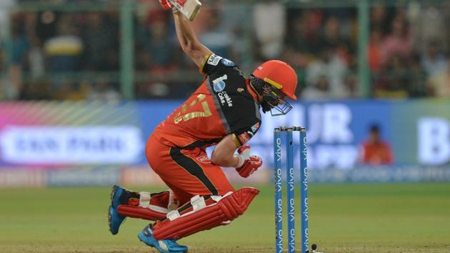 Royal Challengers Bangalore batsman AB De Villiers trips after playing a shot. (AFP) Royal Challengers Bangalore batsman AB De Villiers trips after playing a shot. (AFP)