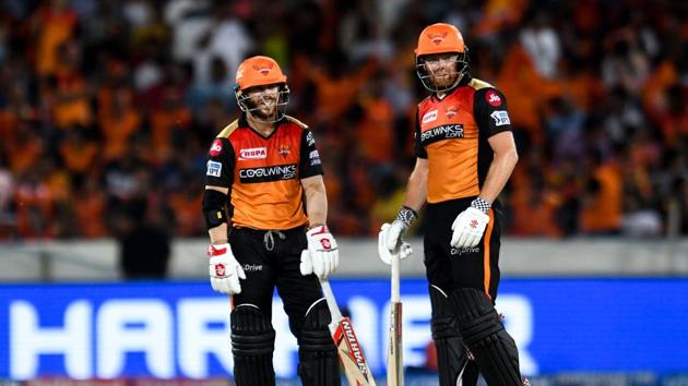 Sunrisers Hyderabad cricketers David Warner (L) and Jonny Bairstow(AFP)