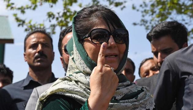PDP President and Anantnag parliamentary seat candidate Mehbooba Mufti shows her marked finger after casting vote. Anantnag is voting in three rounds -- April 23, April 29 and May 6. (ANI file photo) PDP President and Anantnag parliamentary seat candidate Mehbooba Mufti shows her marked finger after casting vote. Anantnag is voting in three rounds -- April 23, April 29 and May 6. (ANI file photo)