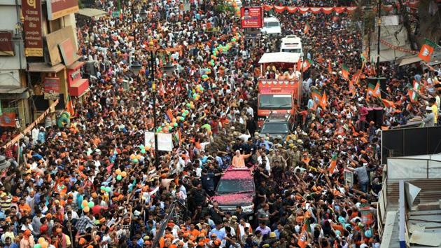 Speaking to a group of intellectuals in the temple city after a mega roadshow, Modi said, “Terrorism is now limited to a small region of Jammu and Kashmir.” (PTI) Speaking to a group of intellectuals in the temple city after a mega roadshow, Modi said, “Terrorism is now limited to a small region of Jammu and Kashmir.” (PTI)