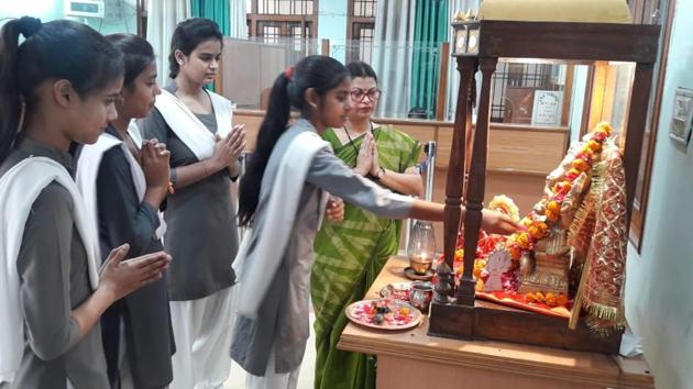 Students of SKD Academy visited school temple to seek blessing so almighty in Lucknow on Friday. Later they interacted with teachers who advised them to relax as they have done hard work in the exam (HT) Students of SKD Academy visited school temple to seek blessing so almighty in Lucknow on Friday. Later they interacted with teachers who advised them to relax as they have done hard work in the exam (HT)