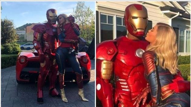 Kylie Jenner with Travis Scott and their daughter Stormi, dressed as Marvel characters.