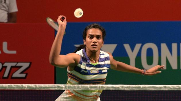 New Delhi, India - March 27, 2019: PV Sindhu of India in action against Mugdha Agrey of India during India Open 2019, at KD Jadhav Indoor Stadium, in New Delhi, India, on Wednesday, March 27, 2019. (Photo by Mohd Zakir / Hindustan Times)(Mohd Zakir/HT PHOTO)