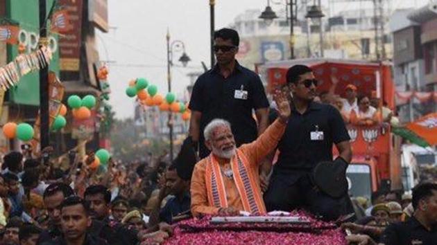 The prime minister held a roadshow on April 25, a day before filing his nomination paper from the Varanasi Lok Sabha seat, which he won in 2014. The six-kilometre roadshow culminated at the Dashashwamedha ghat, where Modi offered evening prayers. The prime minister held a roadshow on April 25, a day before filing his nomination paper from the Varanasi Lok Sabha seat, which he won in 2014. The six-kilometre roadshow culminated at the Dashashwamedha ghat, where Modi offered evening prayers.