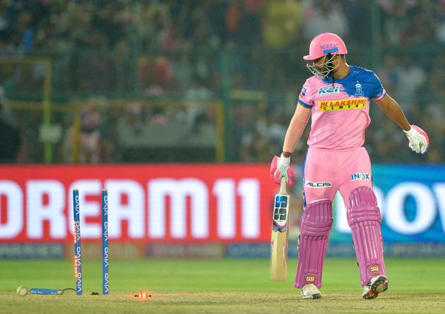 Rajasthan Royals cricketer Stuart Binny looks towards the wickets after he was bowled out by Delhi Capitals bowler Kagiso Rabada during the 2019 Indian Premier League (IPL) Twenty20 cricket match between Delhi Capitals and Rajasthan Royals at the Sawai Mansingh Stadium in Jaipur on April 22, 2019. (AFP) Rajasthan Royals cricketer Stuart Binny looks towards the wickets after he was bowled out by Delhi Capitals bowler Kagiso Rabada during the 2019 Indian Premier League (IPL) Twenty20 cricket match between Delhi Capitals and Rajasthan Royals at the Sawai Mansingh Stadium in Jaipur on April 22, 2019. (AFP)