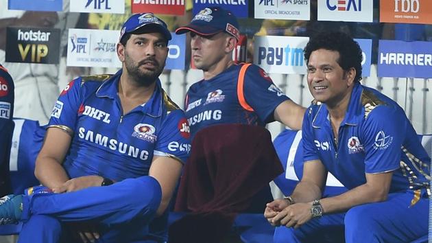 Sachin Tendulkar and Yuvraj Singh share a moment at the Mumbai Indian’s dugout during their match against Chennai Super Kings at M. A. Chidambaram Stadium in Chennai, Tamil Nadu. (R Senthil Kumar / PTI) Sachin Tendulkar and Yuvraj Singh share a moment at the Mumbai Indian’s dugout during their match against Chennai Super Kings at M. A. Chidambaram Stadium in Chennai, Tamil Nadu. (R Senthil Kumar / PTI)