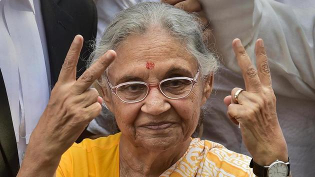 DPCC President Sheila Dikshit flashes the victory sign as she leaves after filing her nomination papers from North East Delhi parliamentary seat, in New Delhi. (Manvender Vashist / PTI) DPCC President Sheila Dikshit flashes the victory sign as she leaves after filing her nomination papers from North East Delhi parliamentary seat, in New Delhi. (Manvender Vashist / PTI)