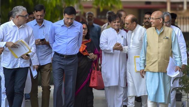 Congress and TMC leaders Derek O' Brien, Randeep Surjewala, Ahmed Patel, Dinesh Trivedi, Manu Singhvi and others leave after meeting with EC, in New Delhi. (PTI Photo) Congress and TMC leaders Derek O' Brien, Randeep Surjewala, Ahmed Patel, Dinesh Trivedi, Manu Singhvi and others leave after meeting with EC, in New Delhi. (PTI Photo)