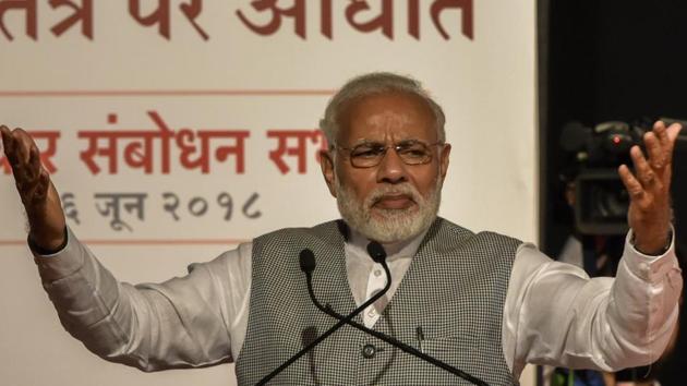 Highlighting the work done by his government in the past five years, Prime Minister Narendra Modi on Friday urged the middle class to vote for the Bharatiya Janata Party (BJP) and warned they would have to suffer high taxes, inflation and corruption if the Congress comes to power. (Kunal Patil/HT Photo) Highlighting the work done by his government in the past five years, Prime Minister Narendra Modi on Friday urged the middle class to vote for the Bharatiya Janata Party (BJP) and warned they would have to suffer high taxes, inflation and corruption if the Congress comes to power. (Kunal Patil/HT Photo)