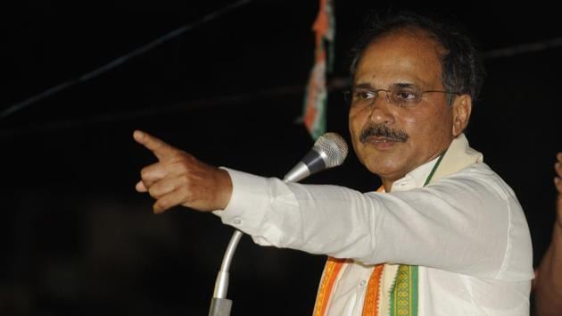 Congress sitting MP Adhir Ranjan Chowdhury during a public rally at Baharampur town of Murshidabad district of West Bengal, India on Friday, April 26, 2019.(Samir Jana/HT PHOTO)