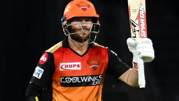 Sunrisers Hyderabad cricketer David Warner raises his bat after scoring fifty. (AFP) Sunrisers Hyderabad cricketer David Warner raises his bat after scoring fifty. (AFP)