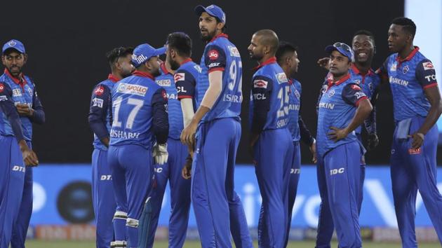 Delhi Capitals players celebrate the wicket of Royal Challengers Bangalore batsman AB de Villiers. (AP)