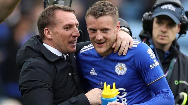 Leicester City manager Brendan Rodgers and Leicester City's Jamie Vardy celebrate after the match .(Action Images via Reuters)