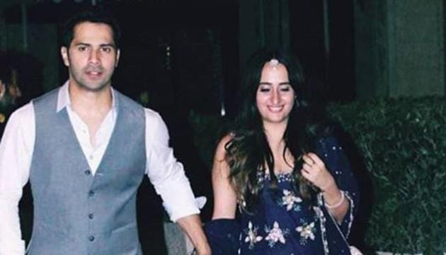 Varun Dhawan with girlfriend Natasha Dalal at a friend’s wedding in Mumbai.(Varinder Chawla)