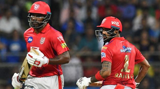 Kings XI Punjab cricketers Chris Gayle (L) and Lokesh Rahul run between the wickets during the 2019 Indian Premier League (IPL) Twenty20 cricket match between Mumbai Indians and Kings XI Punjab at the Wankhede cricket stadium in Mumbai on April 10, 2019. (AFP) Kings XI Punjab cricketers Chris Gayle (L) and Lokesh Rahul run between the wickets during the 2019 Indian Premier League (IPL) Twenty20 cricket match between Mumbai Indians and Kings XI Punjab at the Wankhede cricket stadium in Mumbai on April 10, 2019. (AFP)