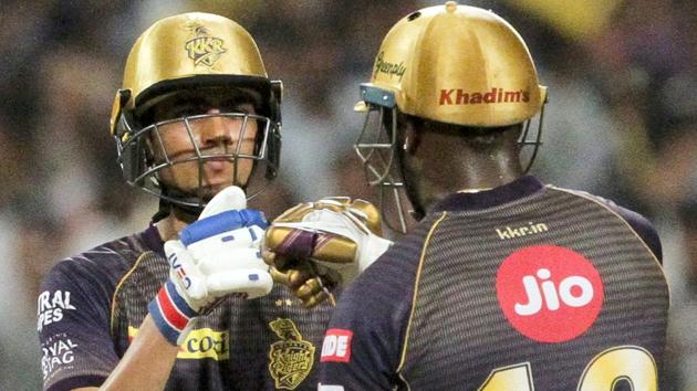Kolkata Knight Riders' Shubman Gill, left and Andre Russel encourage each other. (AP)