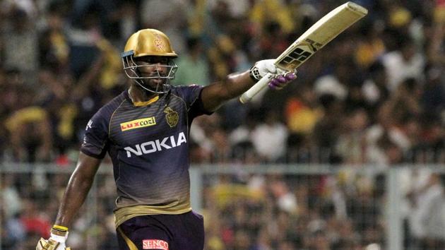 Kolkata Knight Riders' Andre Russel raises his bat after scoring fifty runs. (AP)