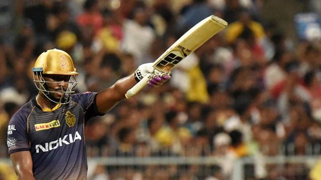 Kolkata: Kolkata Knight Riders (KKR) batsman Andre Russell celebrates his half century during the Indian Premier League 2019 (IPL T20) cricket match between Mumbai Indians(MI) and Kolkata Knight Riders (KKR)(PTI)