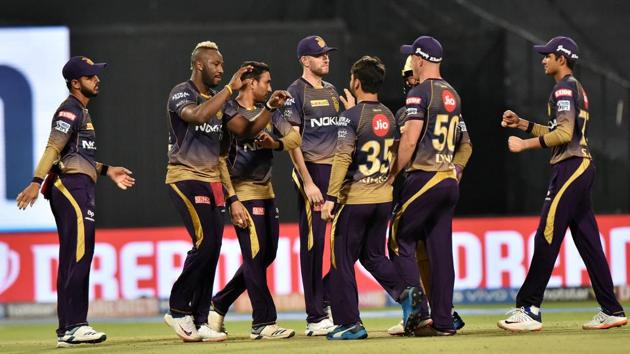 Kolkata Knight Riders (KKR) cricketers celebrate the wicket of Quinton De Kock. (PTI)