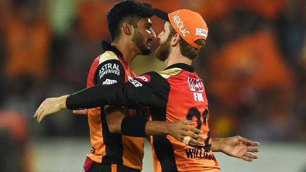 SRH bowler Khaleel Ahmed celebrating with skipper Kane Williamson for the wicket of KXIP batsman Chris Gayle. (PTI)