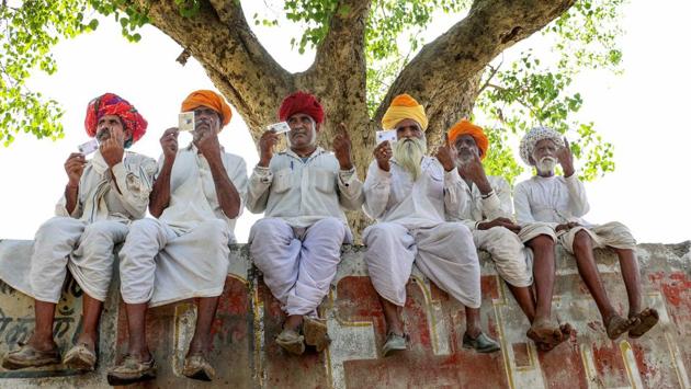 Voters after casting their votes, in Ajmer district. Over 29% voting was recorded in the first four hours of polling in 13 Lok Sabha constituencies in Rajasthan which began at 7 am on Monday. The Barmar parliamentary constituency recorded the maximum voter turnout of 33.53%, while the overall voting percentage at 11 am was 29.40 per cent, according to the office of the chief electoral officer. (PTI) Voters after casting their votes, in Ajmer district. Over 29% voting was recorded in the first four hours of polling in 13 Lok Sabha constituencies in Rajasthan which began at 7 am on Monday. The Barmar parliamentary constituency recorded the maximum voter turnout of 33.53%, while the overall voting percentage at 11 am was 29.40 per cent, according to the office of the chief electoral officer. (PTI)