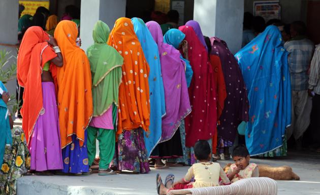 Women wait to cast their votes at a polling station in Rajasthan’s Jodhpur on April 29, the fourth round of seven-phase polling for Lok Sabha elections 2019.(ANI photo)