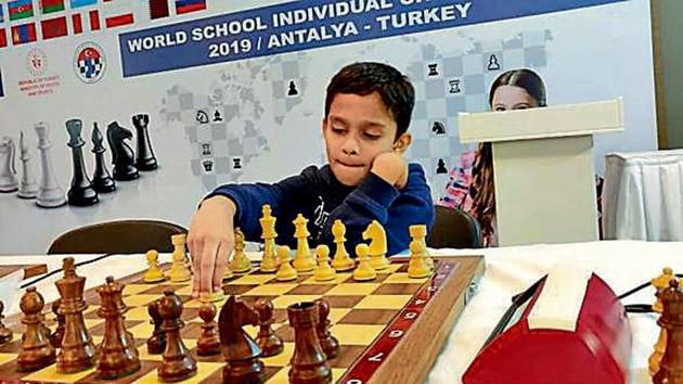 Pune’s Aarush Dolas in action in the u-7 category at the World School Chess Championships at Antalya in Turkey.(HT Photo)