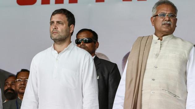 Congress President Rahul Gandhi with Chhattisgarh Chief Minister Bhupesh Baghel at an event in Bastar.(PTI File Photo)