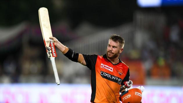 Sunrisers Hyderabad cricketer David Warner gestures as he walks back to the pavilion during the 2019 Indian Premier League (IPL) Twenty20 cricket match between Sunrisers Hyderabad and Kings XI Punjab(AFP)