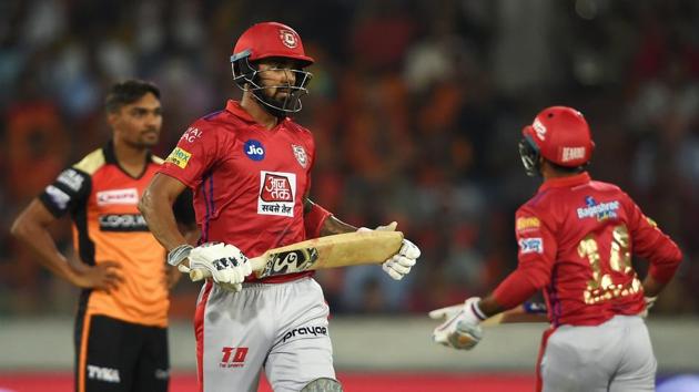 Hyderabad: KXIP players KL Rahul and Mayank Agarwal take run between the wicket during the Indian Premier League 2019 (IPL T20) cricket match between Sunrisers Hyderabad (SRH) and Kings XI Punjab (KXIP)(PTI)