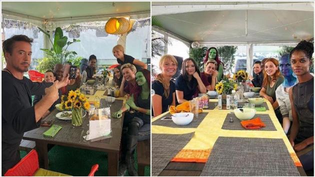Robert Downey Jr with the ladies of Avengers Endgame.