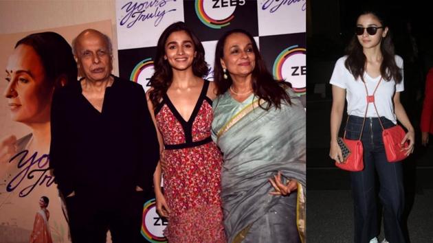 Alia Bhatt joins parents Mahesh Bhatt and Soni Razdan at the film Yours Truly’s event in Mumbai.(Varinder Chawla)